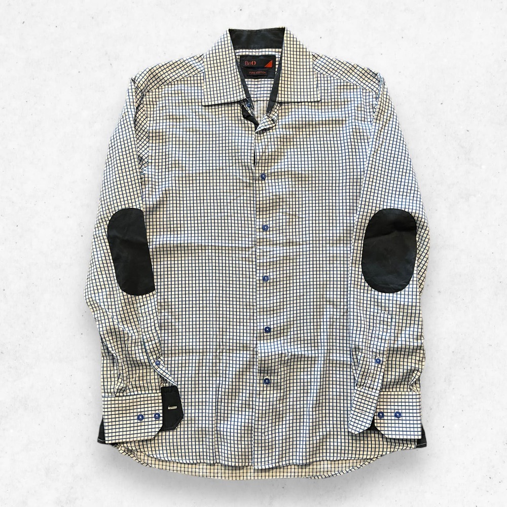 BriO Pure Cotton Long Sleeves Elbow Patches Men's L 16.5/17 Checkered White Blue